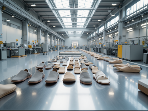 Shoe manufacturing facility with workers crafting leather shoes, professional environment